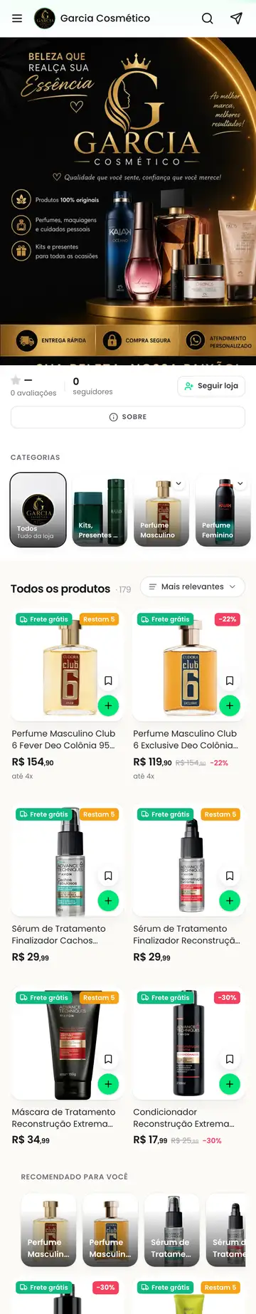 Loja Garcia Cosmético aberta no celular, com a vitrine e os produtos