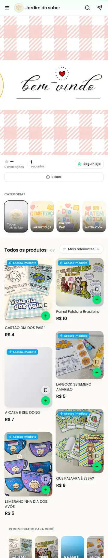 Loja Jardim do Saber aberta no celular, com a vitrine e os produtos