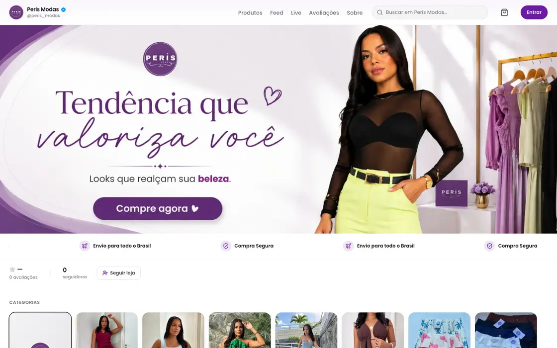 Página inicial da loja Peris Modas no computador