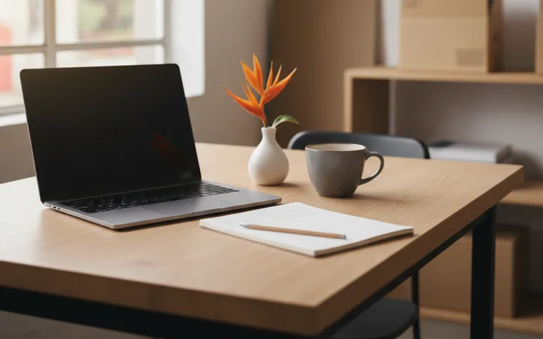 Notebook aberto com a tela apagada, uma xícara de café e um caderno com anotações ilegíveis
