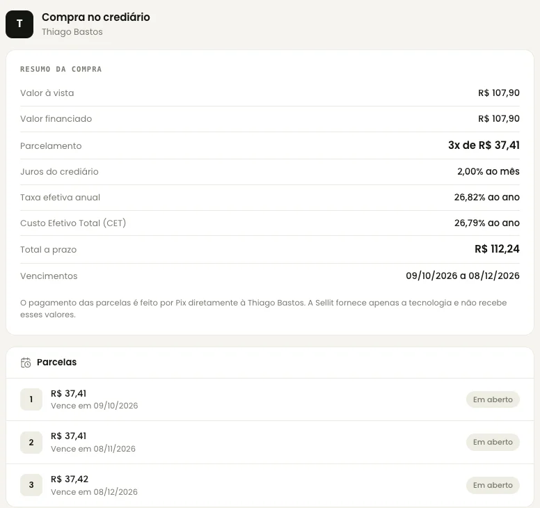 Contrato de crediário como o cliente vê no celular: valor financiado, 3x de R$ 37,41, juros de 2% ao mês, CET de 26,79% ao ano e as três parcelas com data de vencimento