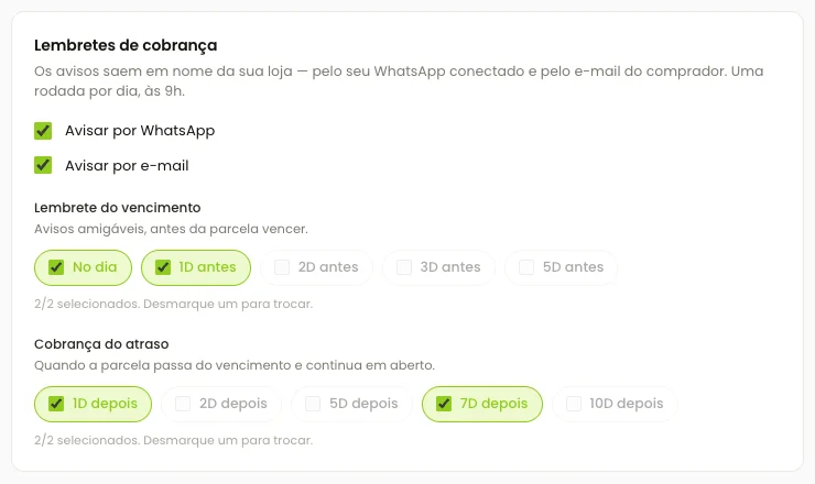 Configuração dos lembretes de cobrança do crediário, antes e depois do vencimento