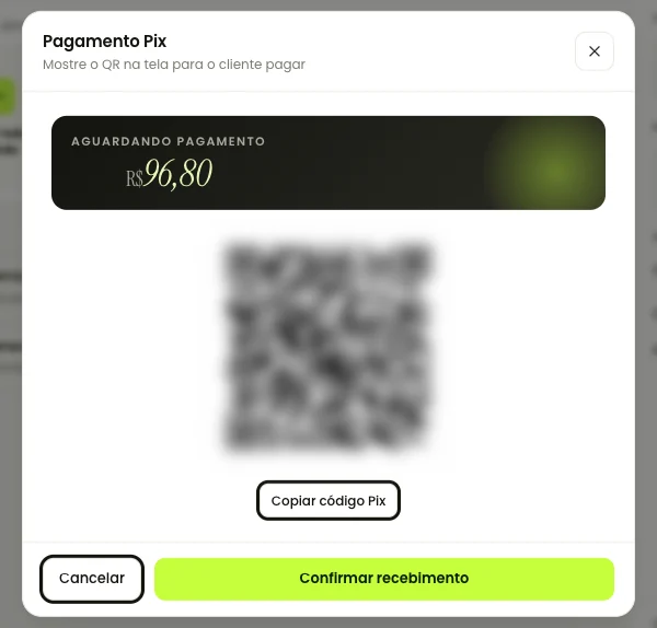 Pix gerado no PDV com QR Code na tela para o cliente pagar na hora